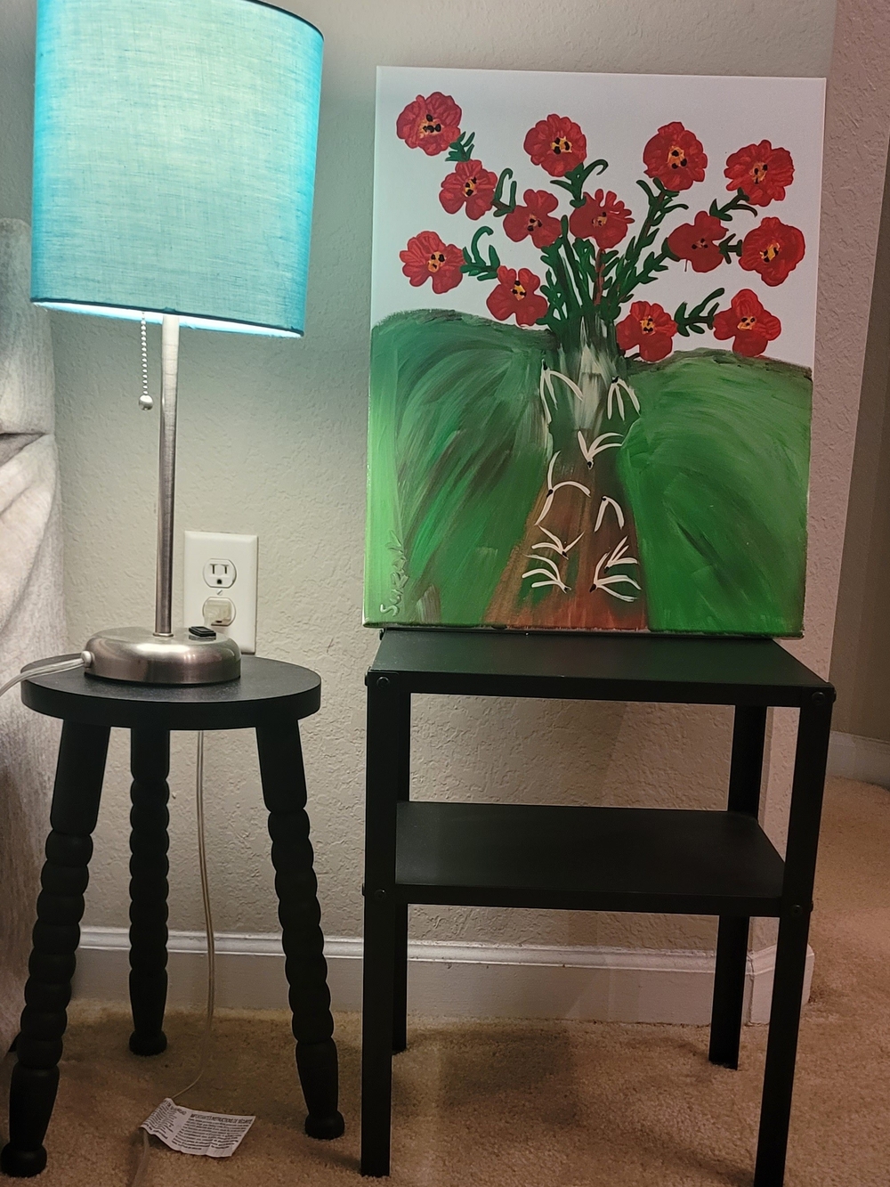 Hand-Painted Floral Canvas Art in Red and Green